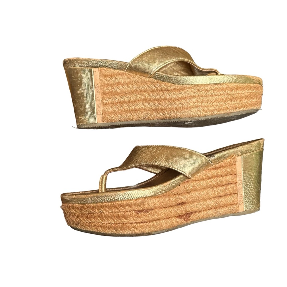 Gold Authentic Prada Chunky Leather and Raffia espadrille Slide on or Slippers